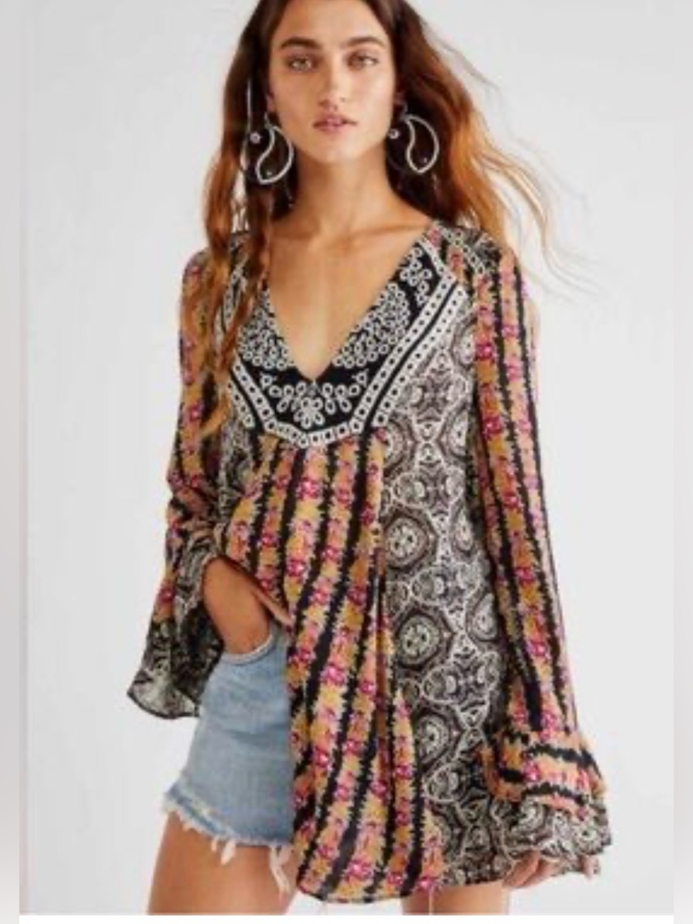 Free People Falling into you Boho Floral V-Neck Tunic baby doll dress